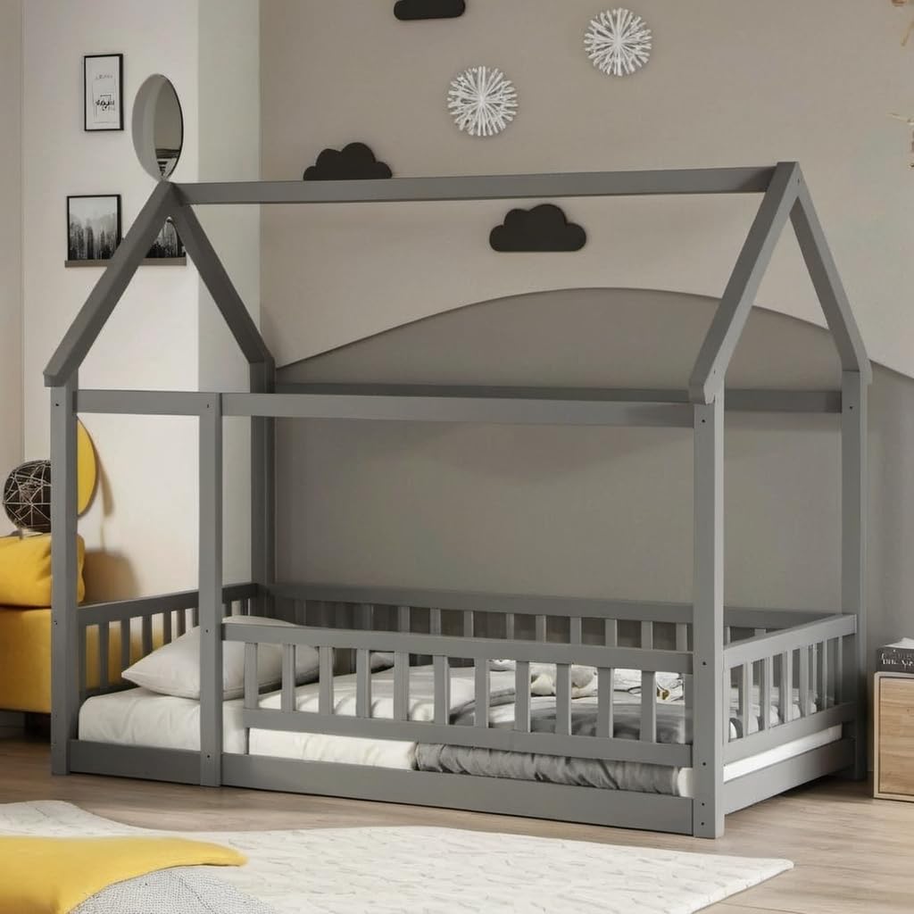 PVWIIK Twin Size Montessori Floor Bed with Roof & Fence Guardrails for Boys Girls Bedroom,Twin Size Floor Wooden Bed Frame,Easy Assemble,No Box Spring Needed, Gray