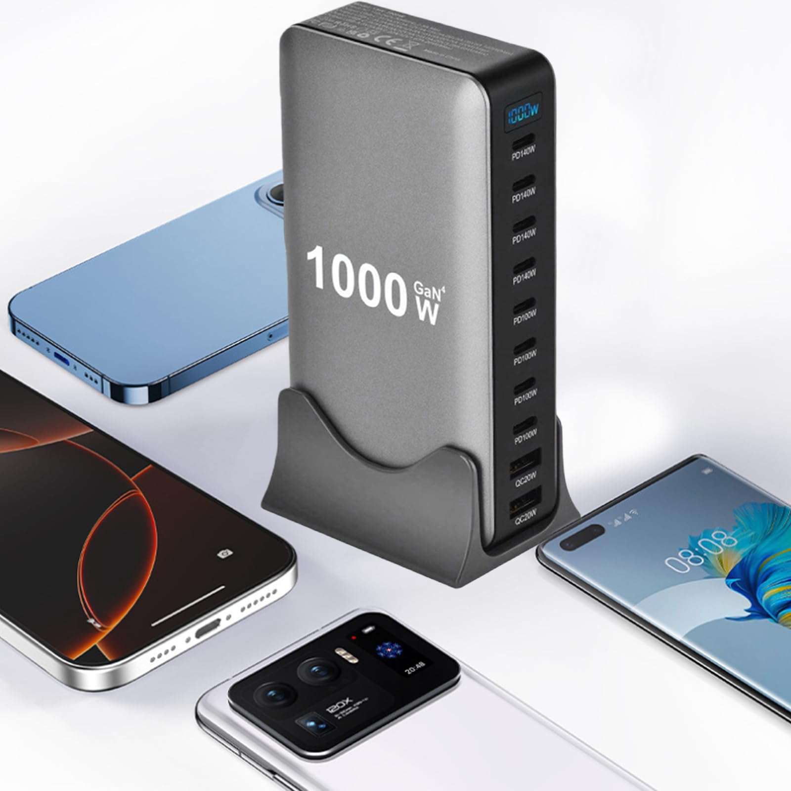 Chargeur Rapide USB-C 10 Ports 1000 W avec GaN III et PD 3.1, 8 Ports USB-C et 2 Ports USB-A, Alimentation PD PPS 140 W pour MacBook, iPhone, Ordinateur Portable, iPad, Samsung