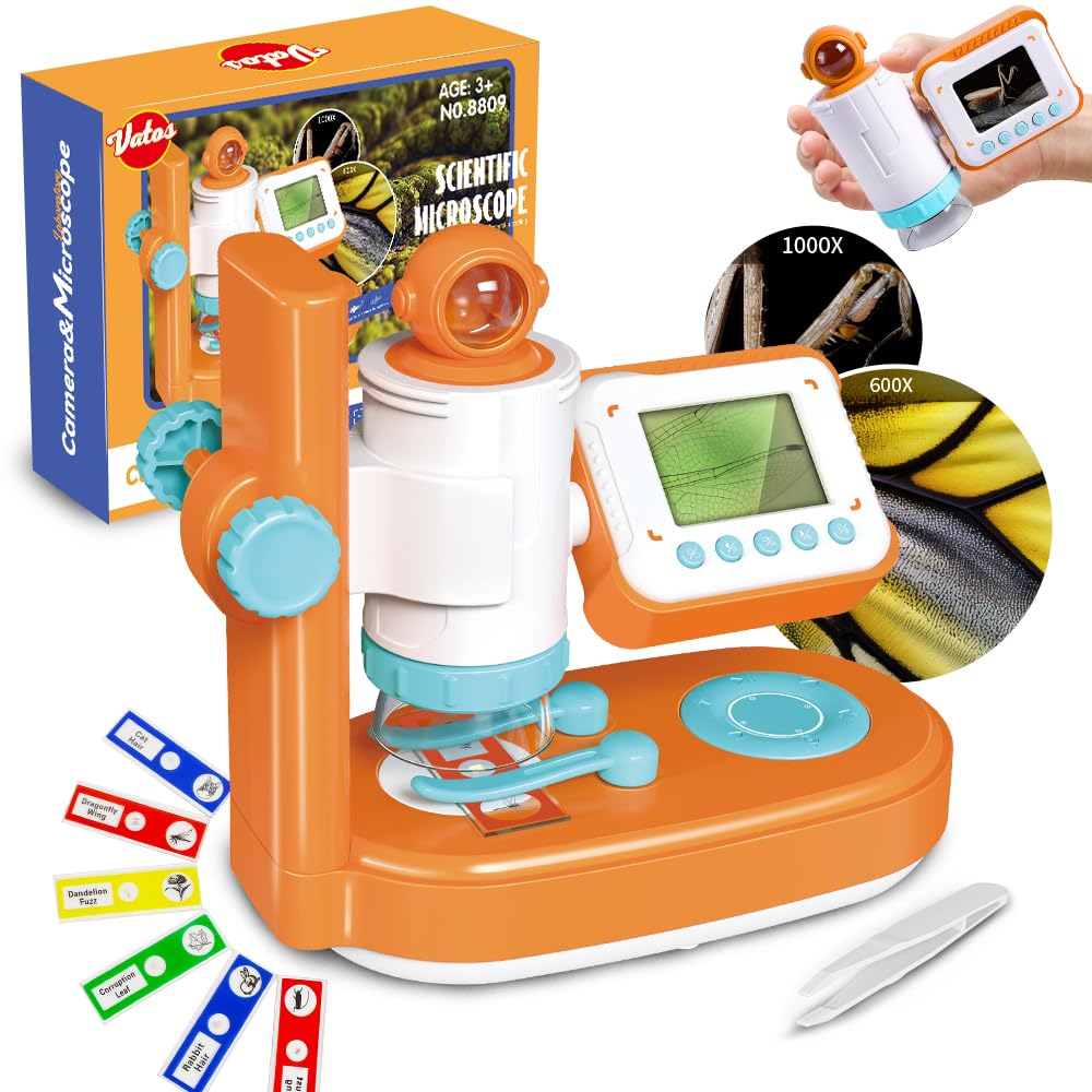 3 in 1 Microscope for Children,1000x Microscope Camera Kits with Specimens & Screen, Handheld Mini Camera with Light, Educational Science Toys Gift for Age 3 4 5 6 7+ Boys Girls Outdoor
