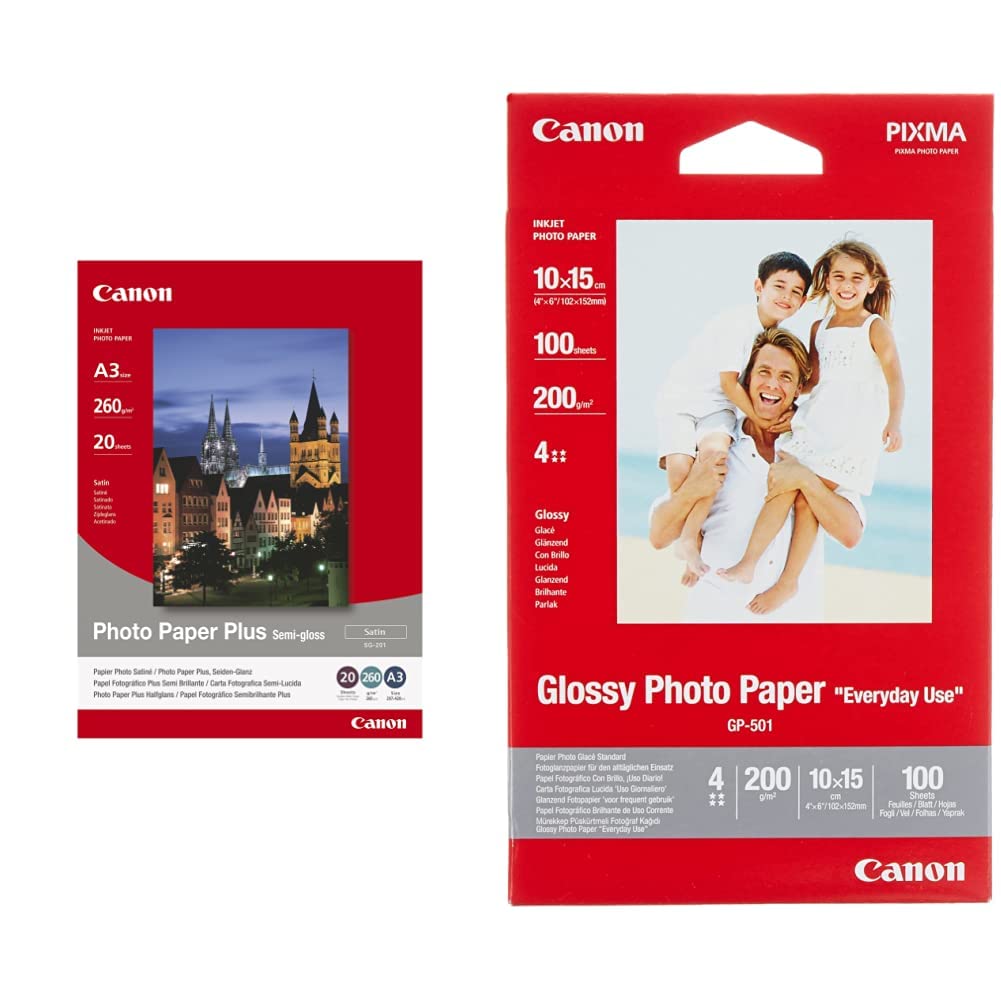 Canon Fotopapier SG-201 Plus Seidenglanz - DIN A3 20 Blatt – PIXMA Drucker (260 g/qm) & Fotopapier GP-501 glänzend weiß - 10x15cm 100 Blatt für Tintenstrahldrucker - PIXMA Drucker (200 g/qm)