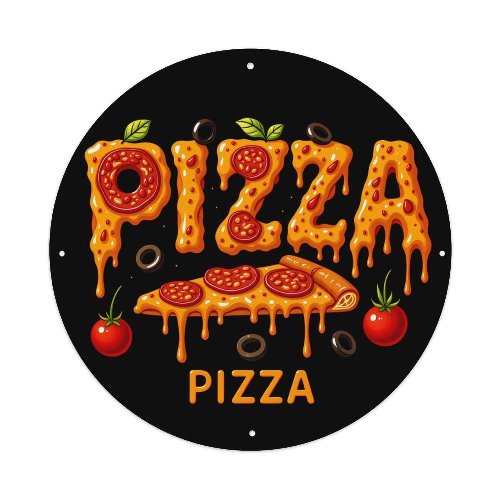 Pizza Slice Cheese Tomato Olive Vintage Metal Tin Sign Retro Wall Decor for Home Bar Garage Cafe, Indoor & Outdoor Decorative，circle Metal Poster, 8x8 Inch
