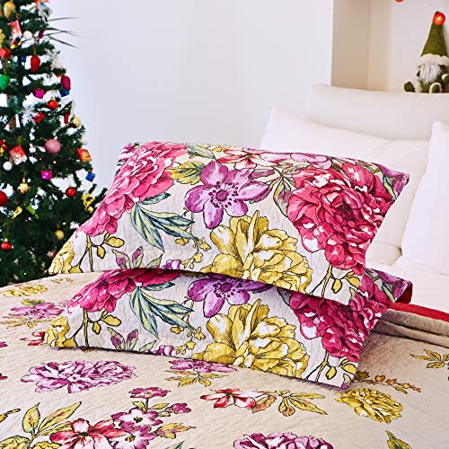 Evenhug Floral Quilt Set Queen-3 Pieces Summer Lightweight Bedspread Queen/Full Size Cotton Quilted Coverlet Red Purple Floral Pattern Reversible Bed Cover With 2 Pillow Shams(Purple Peony, Queen) #TOP5
