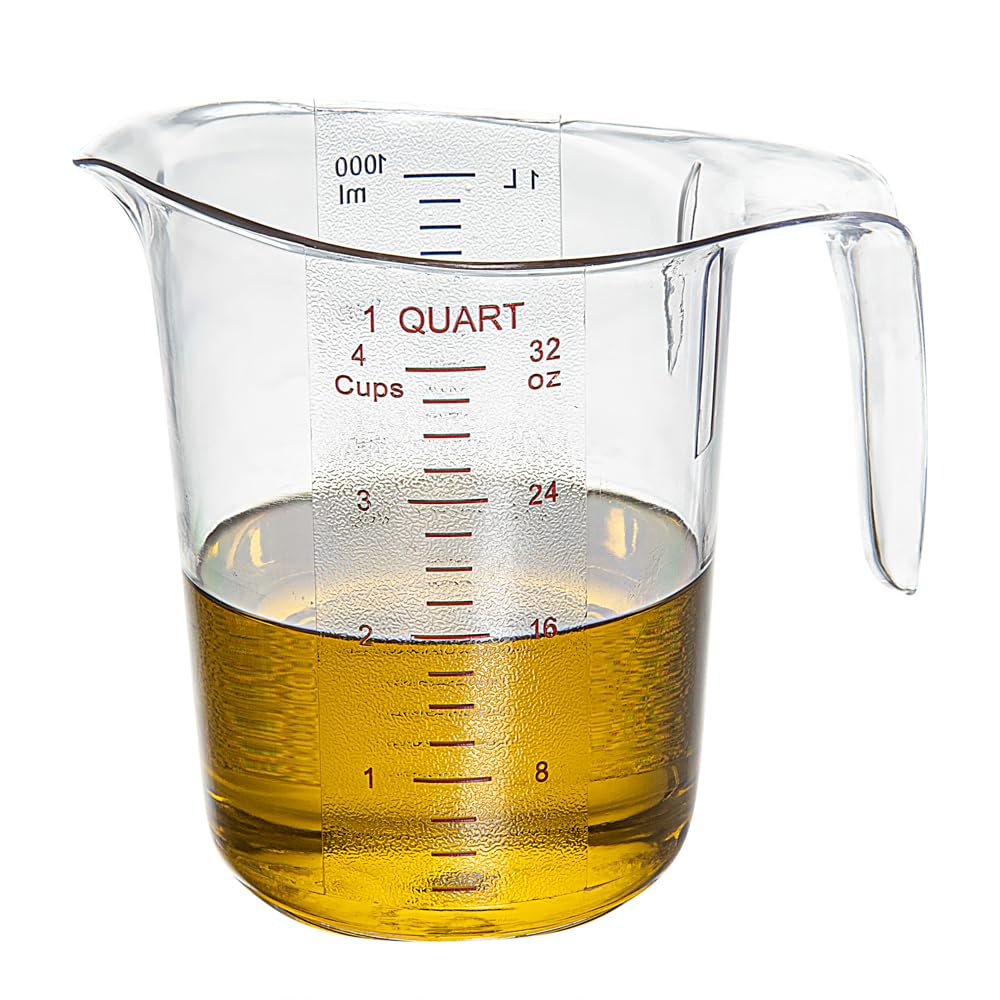 Restaurantware RW Base - Tarro medidor de 1 cuarto de galón, 1 vaso de medición duradero, unidades métricas e imperiales, boquilla en forma de V, mango de taza medidora de plástico transparente con