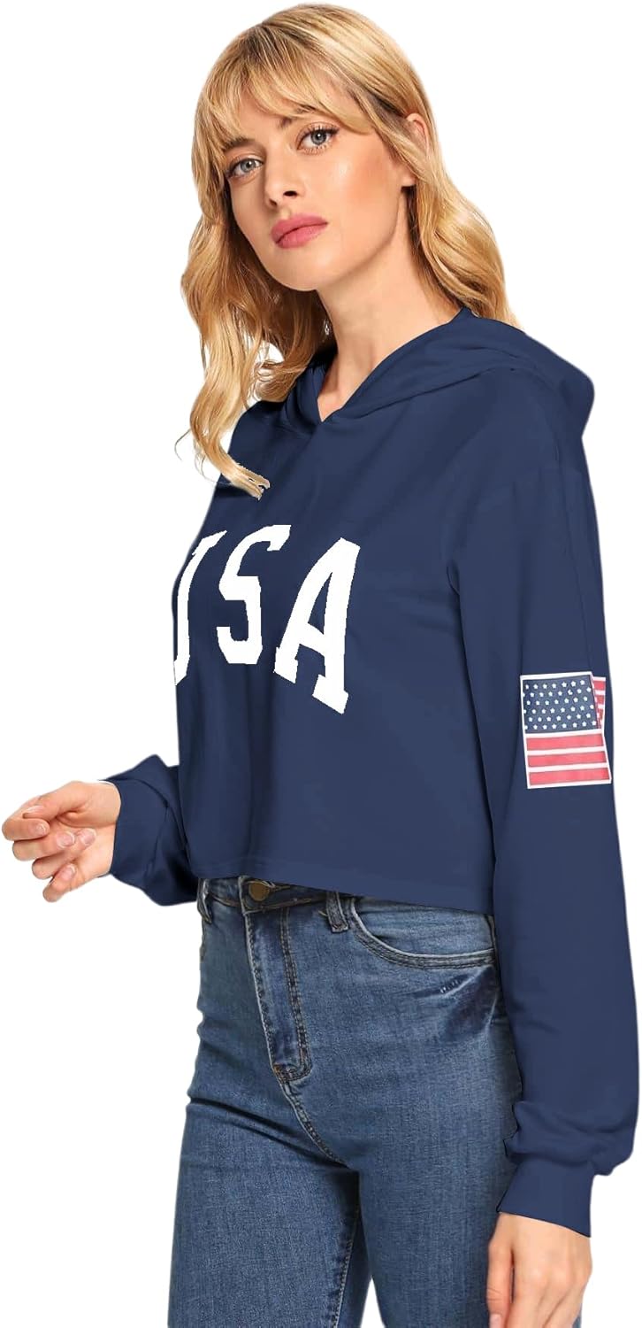 SweatyRocks Women's American Flag Long Sleeve Hoodies Letter Graphic Crop Top Hooded Sweatshirts - Image 3