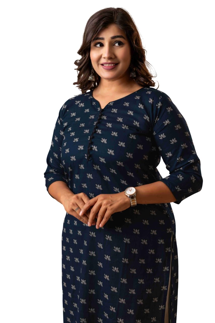 amthi Women’s Pure Cotton Navy Blue Floral Print Straight Kurti with Piping Work | Round Neck | 3/4 Sleeves | Below Knee Length | Party, Festive-picture-50