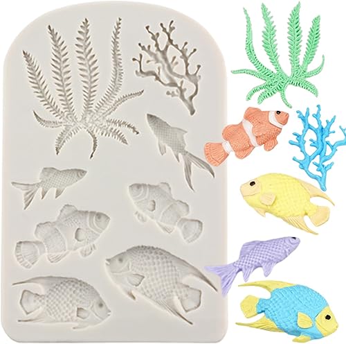 MINFEIDMS Molde de silicona para fondant de temática marina, algas marinas, peces marinos, molde de coral para decoración de pasteles, decoración de
