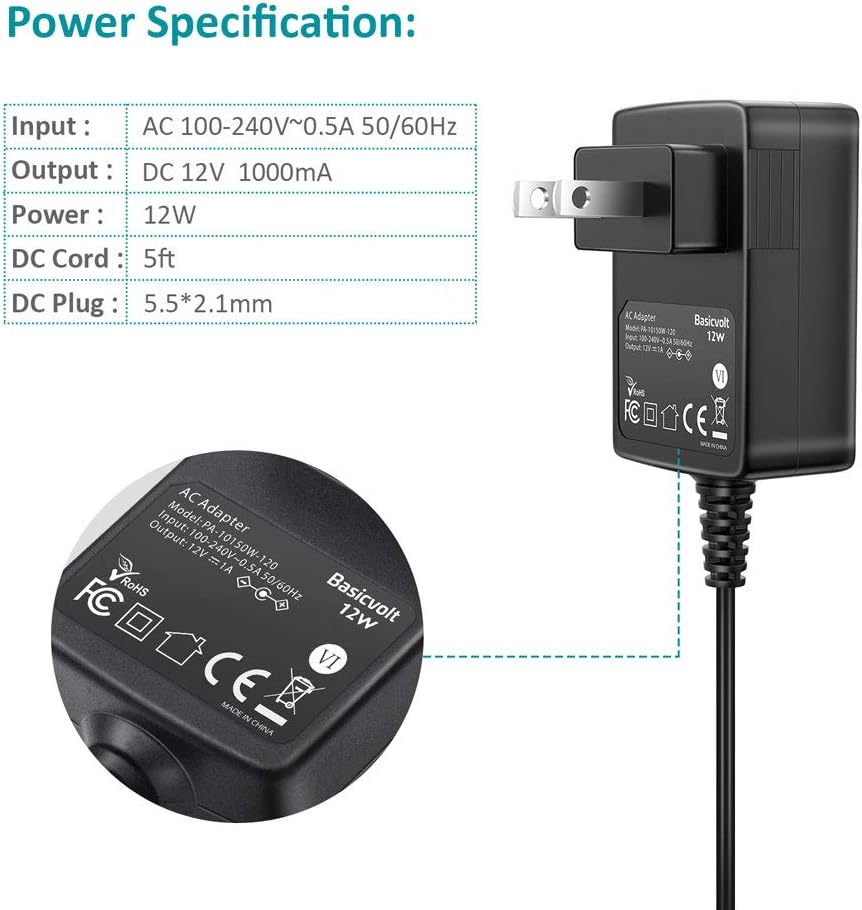 12V Power Supply AC Adapter DC 12 V Power Cord Universal Power Adapter 12Volt Charger Compatible with 1000mA 900mA 800mA 700mA 600mA 500mA 400mA 300mA 200mA 100mA Electronics