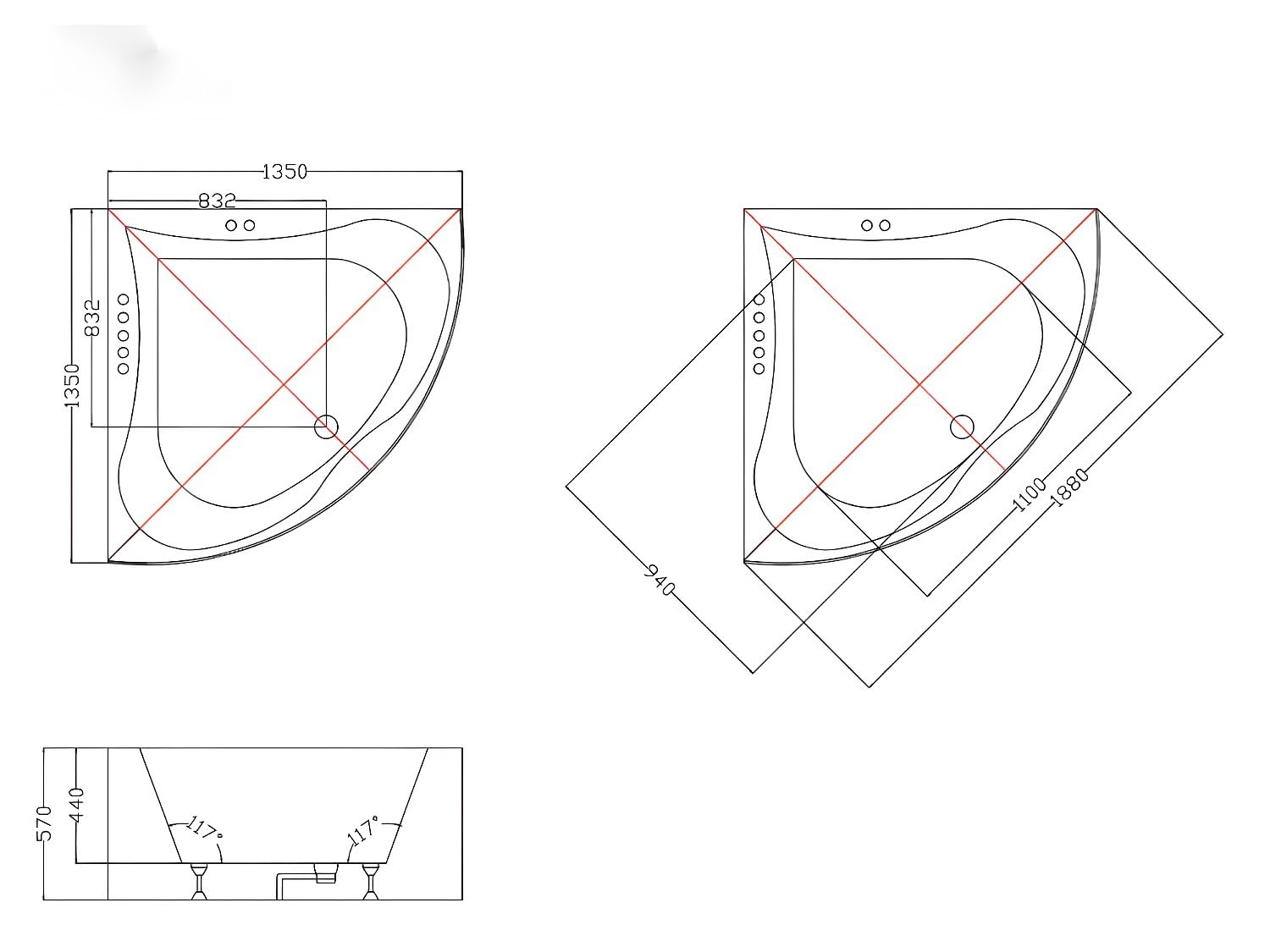 Vente-unique - Baignoire balnéo d'angle - 135 x 135 x 57 cm - 263 L - AGYNESS
