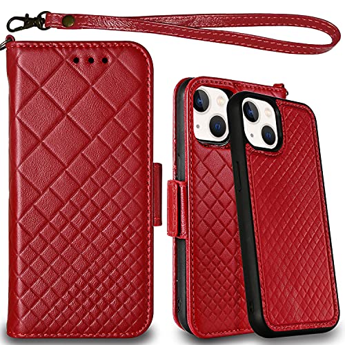 Mefon Genuine Leather Folio Wallet For Apple Iphone 13 Mini 5G, Wireless Charging Compatible, Rfid Card Protection, Luxury Flip Phone Case Cover, Magnetic Detachable, Tempered Glass Included (Red) #TOP22