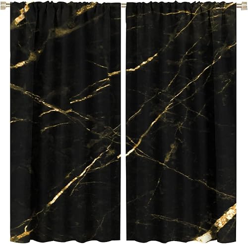 Cortinas de cocina de mármol negro dorado y moderno, diseño retro y moderno, con estampado de textura de mármol, bolsillo para barra, cortinas de