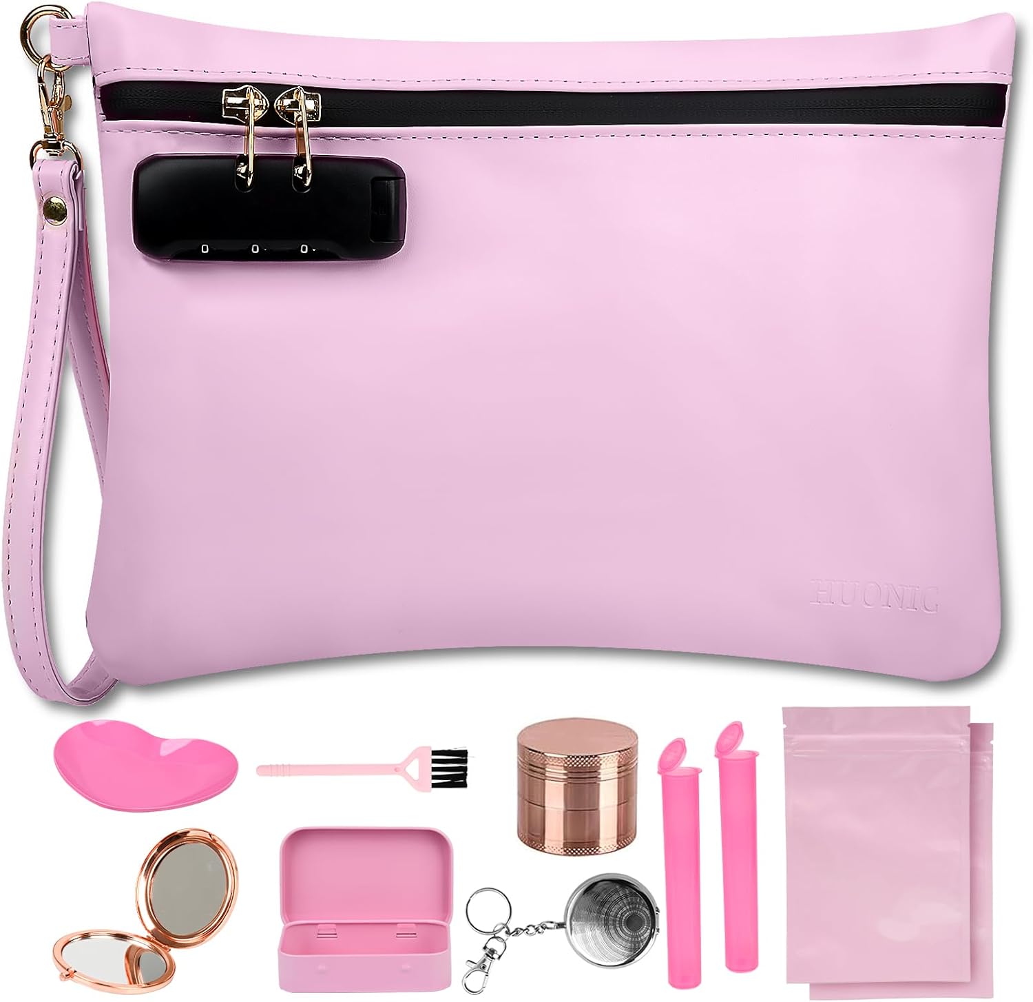 PU Leather Travel Storage Bag with 8 PCS Accessories, Medium Size Cosmetic Carrier Pouch with Combination Lock, Travel Money Bag for Women, Great Gifts Ideal (Light Pink)