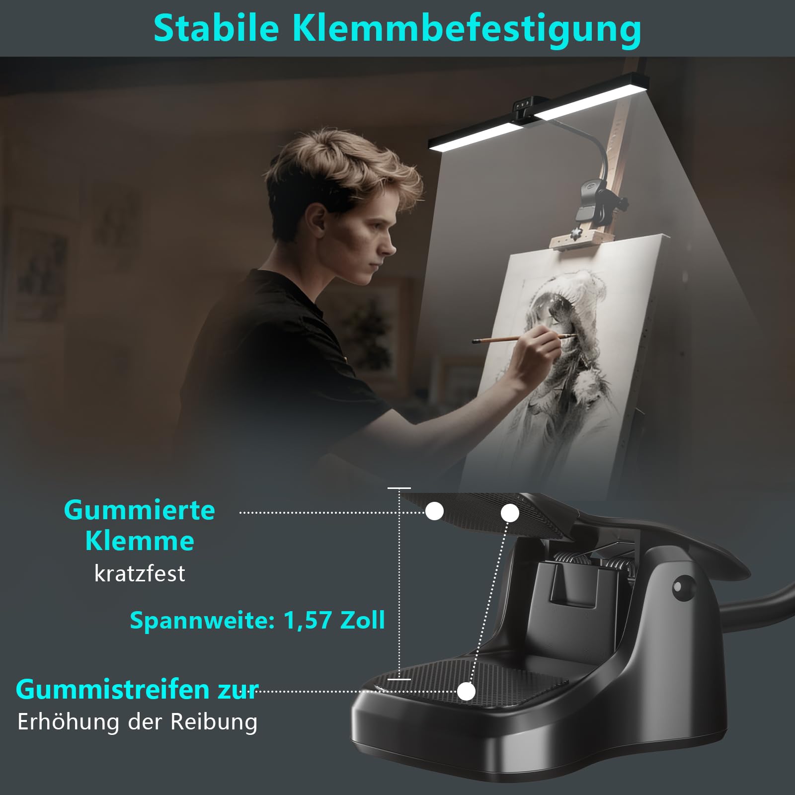 Klemmbare LED Staffelei-leuchte Wiederaufladbare LED Lampe Staffelei, 64 LEDs 4 Farben & 3 Helligkeiten, Kabellose Easel Light für Künstler, Zeichnen Touch-Control