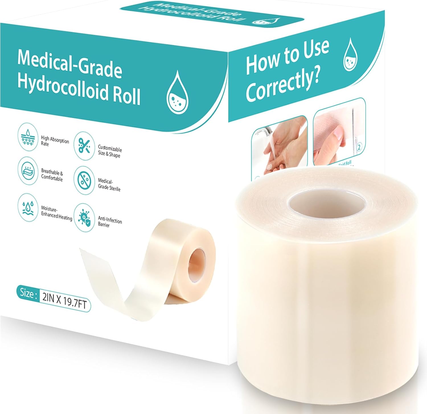 Hydrocolloid Bandages Roll 2" × 19.7' – Hydrocolloid Roll for Wound Care, Hydrocolloid Patch Large, Hydrocolloid Gel Bandages Hydrocolloid Dressing with Self-Adhesive, DIY Size Shape First Aid Kit 2in*19.7ft