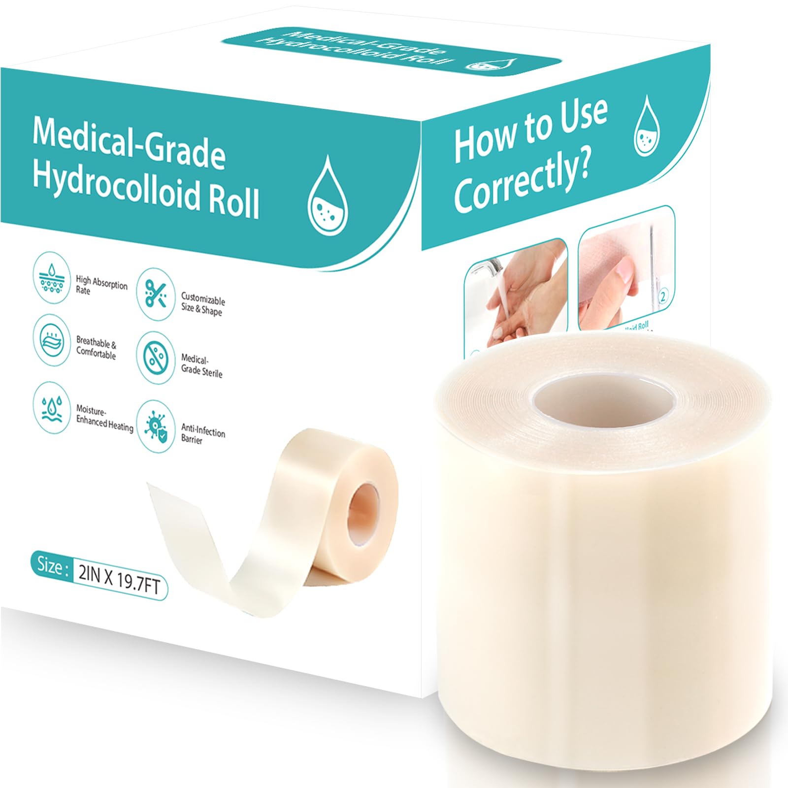 Hydrocolloid Bandages Roll 2" × 19.7' – Hydrocolloid Roll for Wound Care, Hydrocolloid Patch Large, Hydrocolloid Gel Bandages Hydrocolloid Dressing with Self-Adhesive, DIY Size Shape First Aid Kit