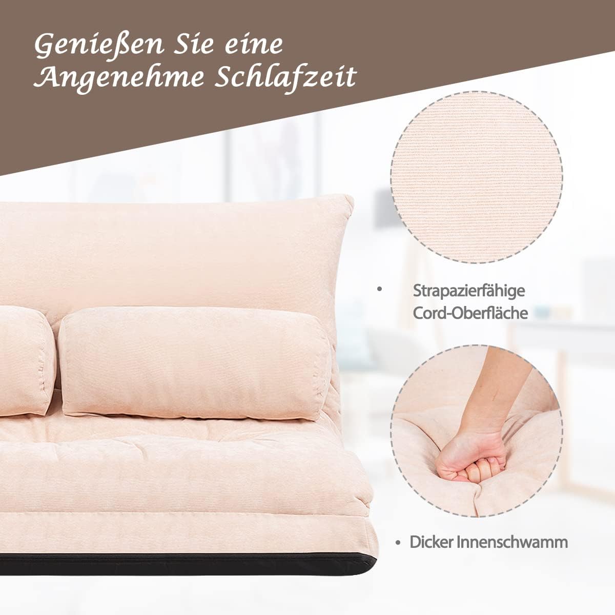 FANTASK Canapé de Sol Pliable 3 en 1, 2 Places, avec Fonction Couchage et Dossier réglable, avec 2 Coussins lombaires, canapé Pliable jusqu'à 150 kg, pour Salon et Chambre à Coucher, Beige