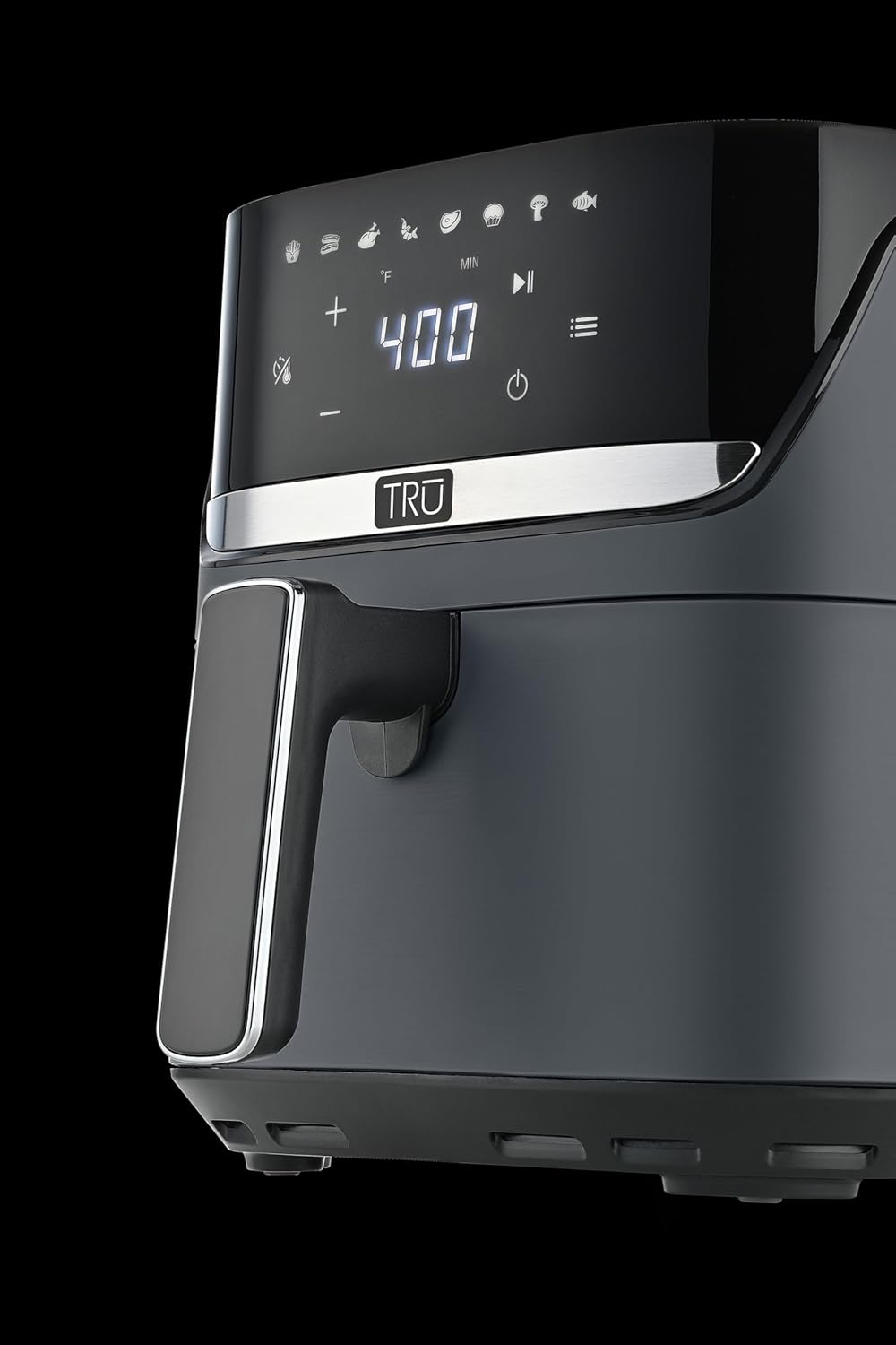 TRU 4-Quart Digital Air Fryer by Select Brands - Family Size, One-Touch Control, 8 Presets - Air Fry Chicken, Meat, Veggies, Fries - Nonstick Pot and Crisping Tray, Auto Shut Off, Matte Gray