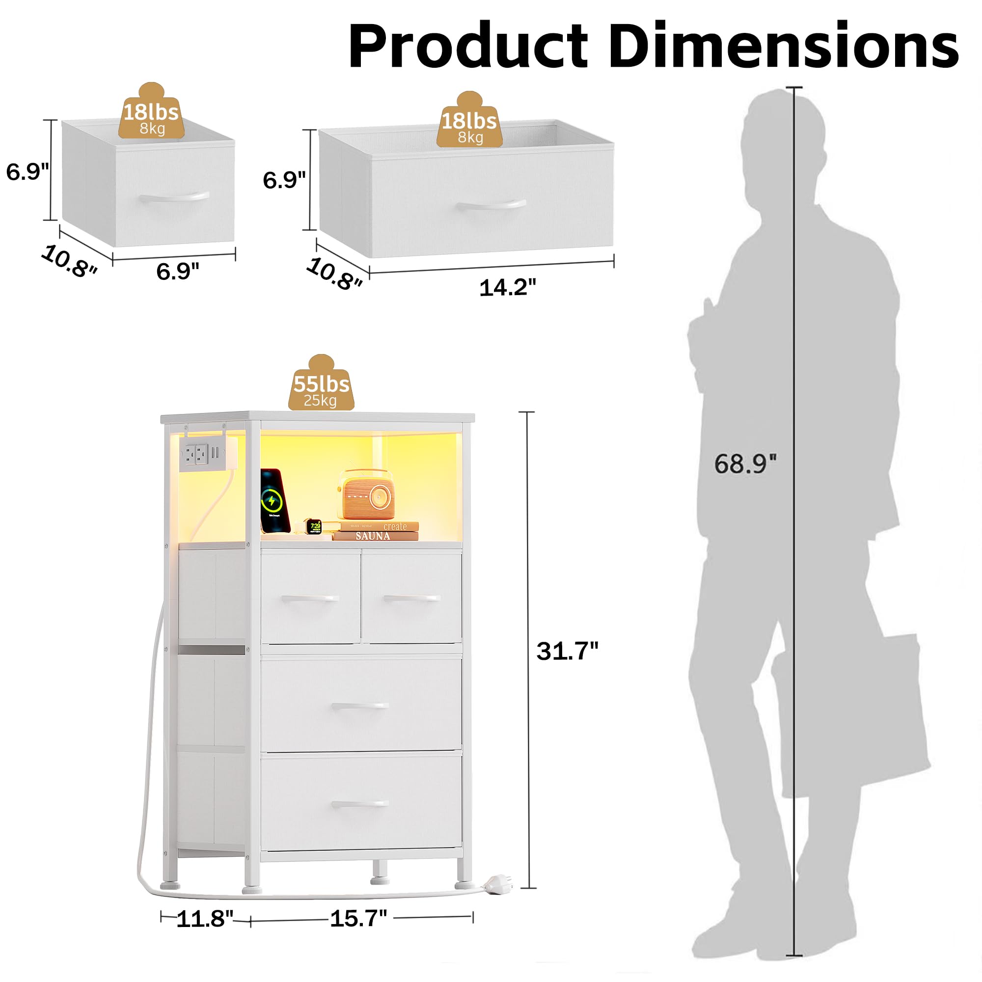 Flrrtenv Dresser for Bedroom, Night Stand with Charging Station, LED Nightstand with 4 Drawers, Tall Table de Chevet for Bedroom, Bedside Table with Storage Shelf for Living Room, White - 4