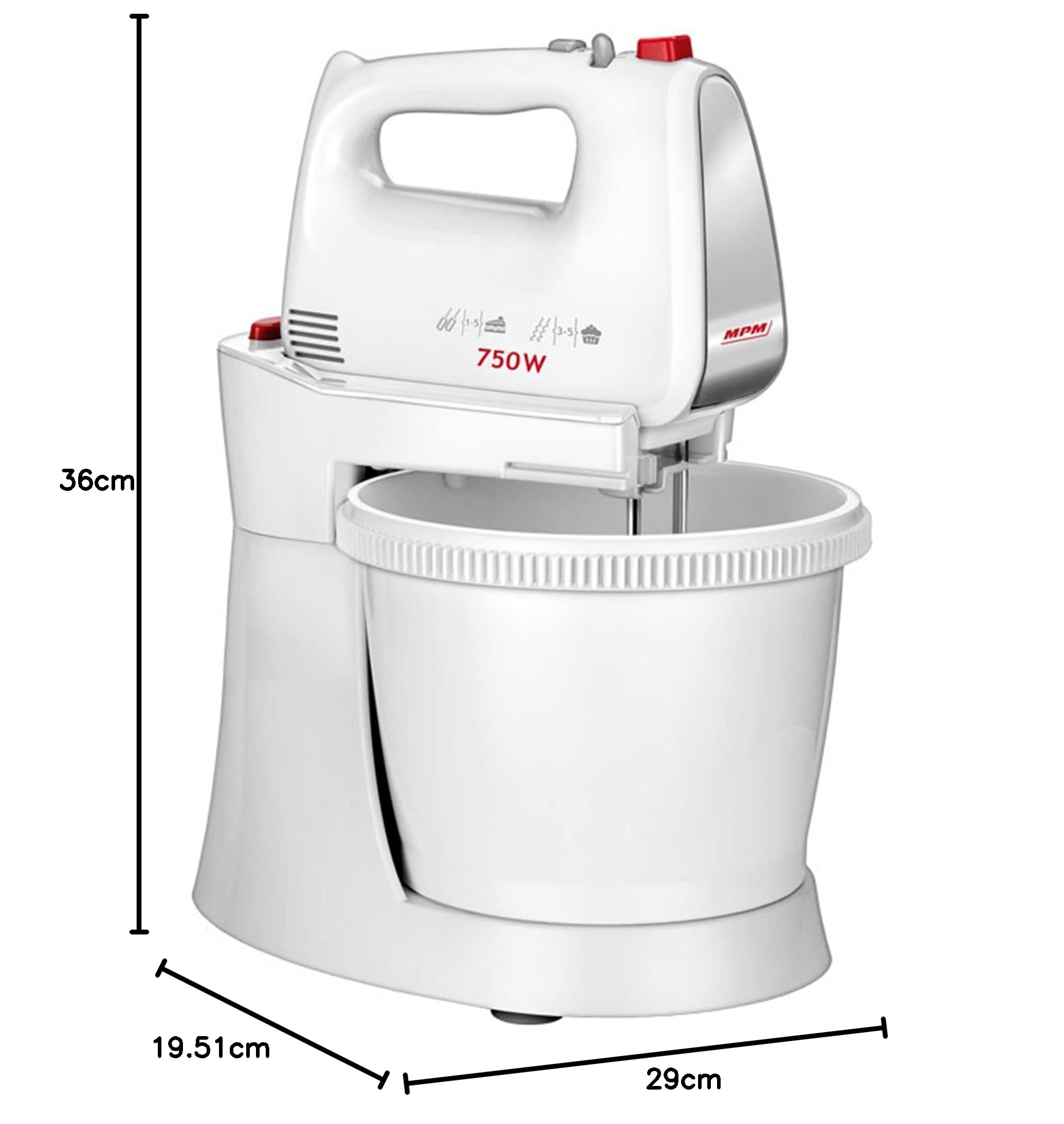 MPM MMR-22Z Mélangeur à Pâtisserie avec 2 Bols Rotatives 3L, sans BPA, Robot Pâtissier Boulangerie Cuisine, 5 Vitesses + Turbo, Tiges et Crochet Pétrisseur en Acier Inoxydable, Blanc, 750W