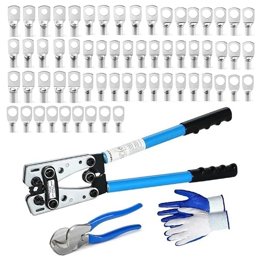 DAJATOOLS 3-in-1 Battery Cable Crimping Tool Kit with Cable Cutter & 60PCS Copper Lugs, Heavy Duty AWG 8-1/0 Hex Lug Crimper Set for Marine, Solar, Auto Wiring