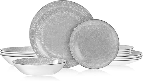 Bestone Juego de vajilla redonda de 12 piezas, platos y cuencos, platos, platos de ensalada, juego de cuencos para cereales, juego de platos, platos