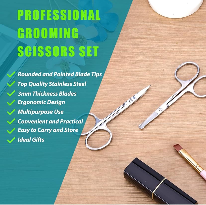 Curved and Rounded Scissors for -Mustache, Nose Hair & Beard Trimming Scissors, Safety Use for Eyebrows, Eyelashes, and Ear Hair - Professional Stainless Steel Scissors