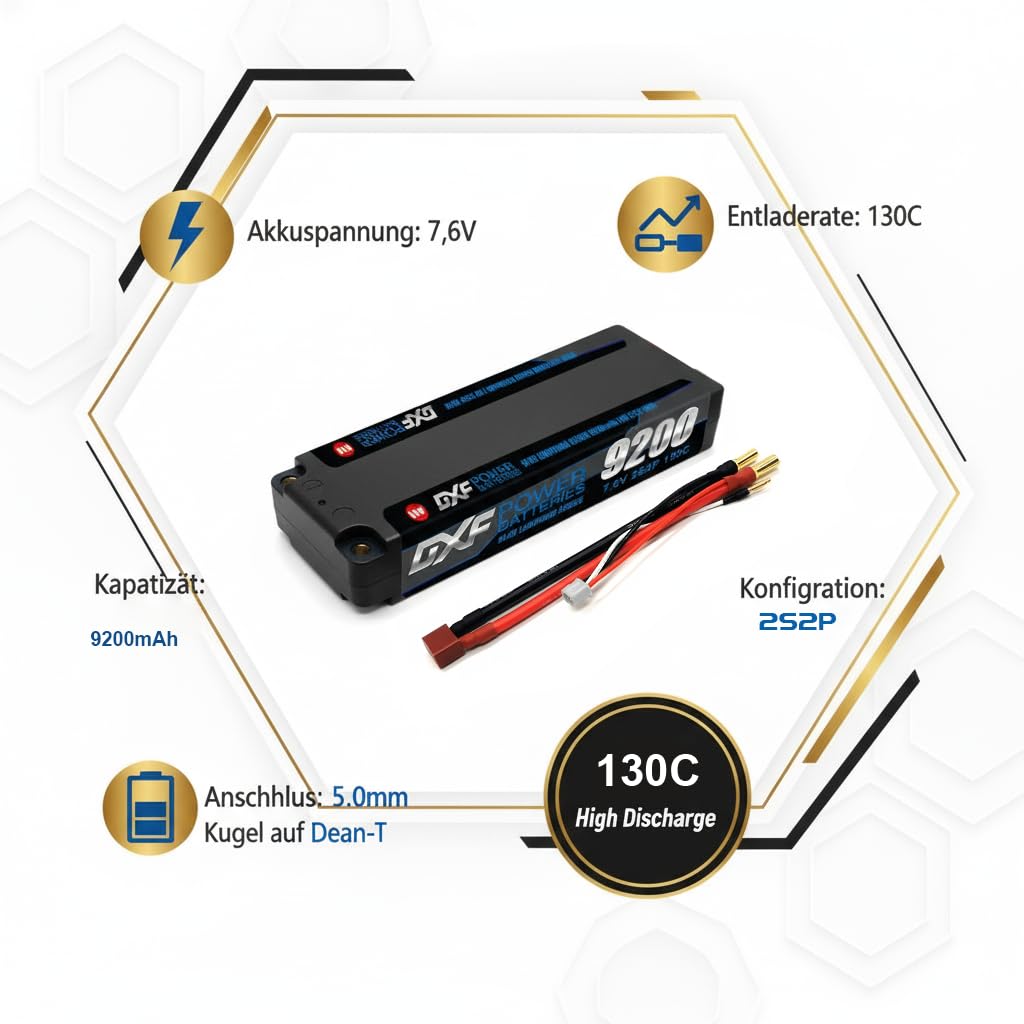 DXF Batteria LiPo 2S 7.6V 9200mAh 130C HV 2S2P Spina Deans T Bullet 5mm Auto RC 1/8 1/10 Truck Buggy Compatta Leggera Alta Potenza Massime Prestazioni 1 Pezzo
