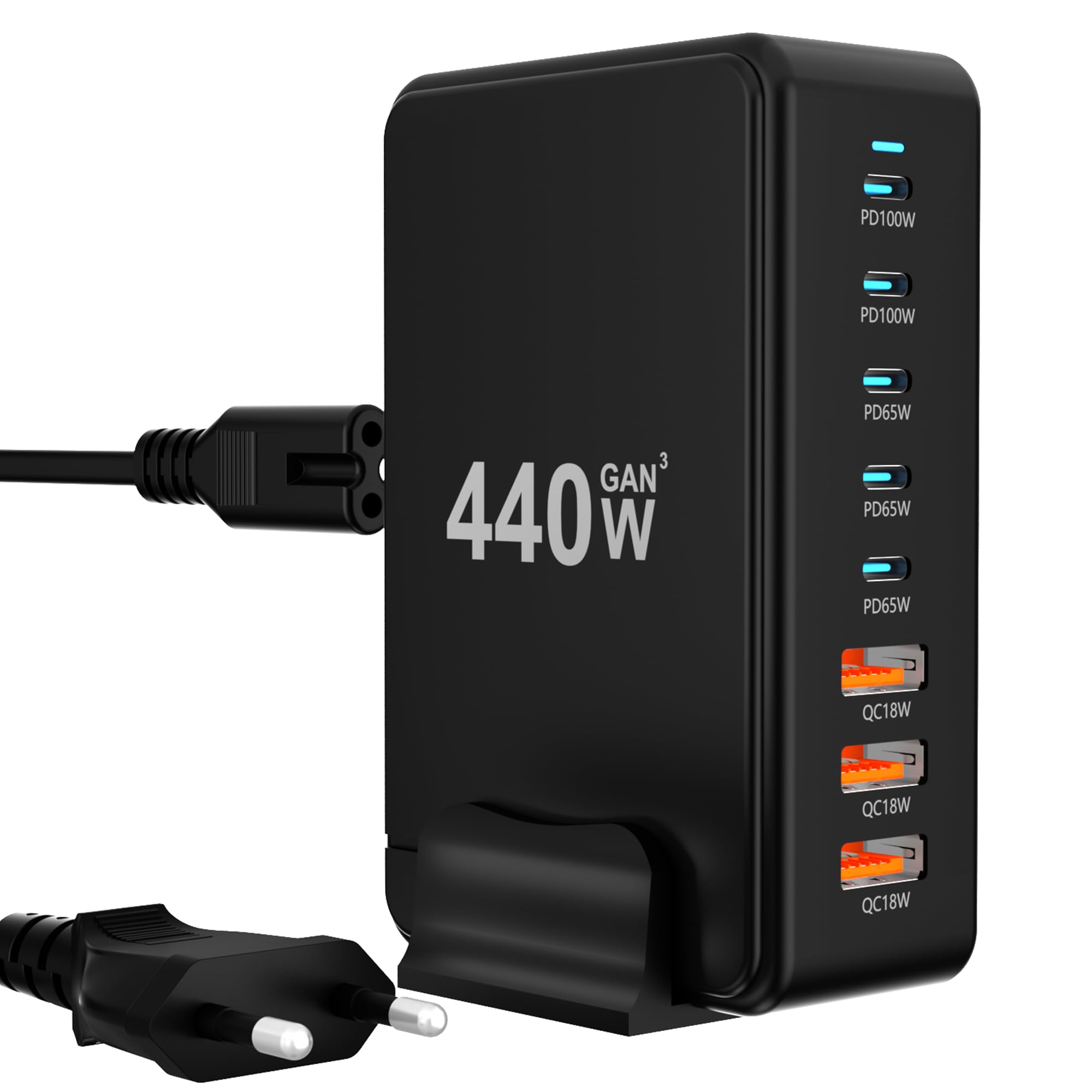 Ładowarka USB C, wielokrotna: 440 W, ładowarka PD/QC 3.0, szybka ładowarka do smartfonów, laptopów, tabletów (440 W, czarna)