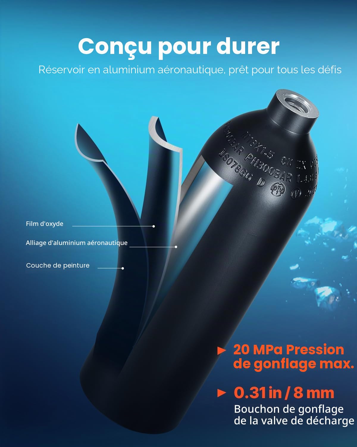 VEVOR Bouteille de plongée Portable de 1 L, Bouteille d'oxygène avec Pompe, pour Respiration 15-20 Minutes, Profondeur de plongée de 30 m, réservoir d'air Rechargeable pour Exploration sous-Marine