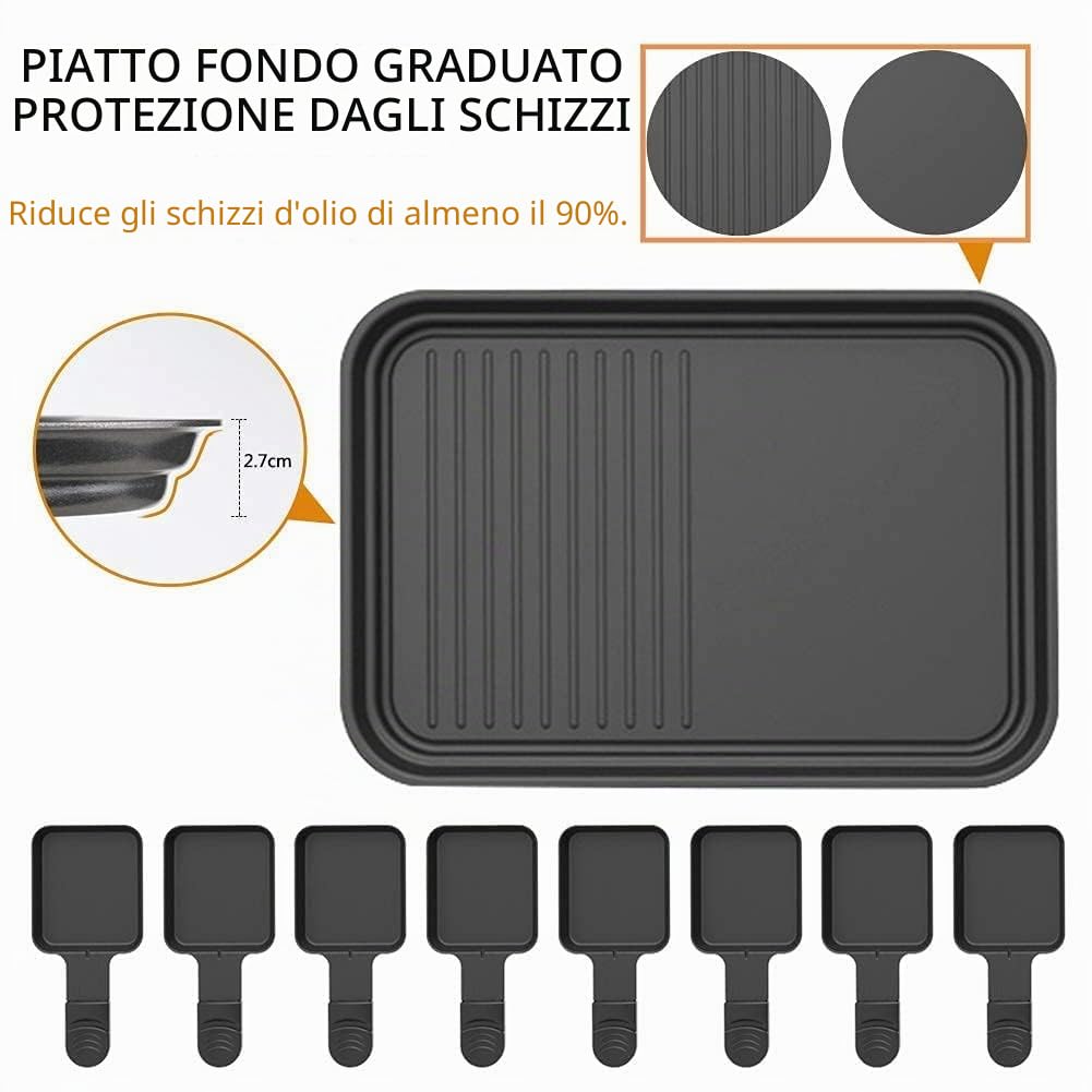 Raclette 8 Persone Piastra Raclette Grill in Alluminio, 8 Pentolini da Raclette, Calore Regolabile Continuo Termostato, 1500 Watt