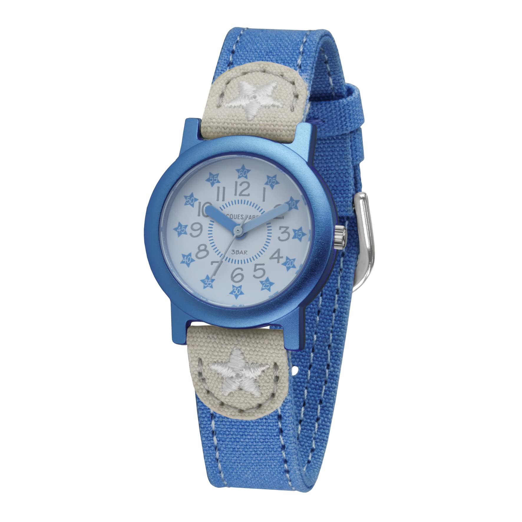 Jacques FAREL Öko Kinderarmbanduhr Mädchen Analog Quarz mit Textilarmband aus Bio-Baumwolle Blau Grau Sterne Nachhaltig ORG 01 STA