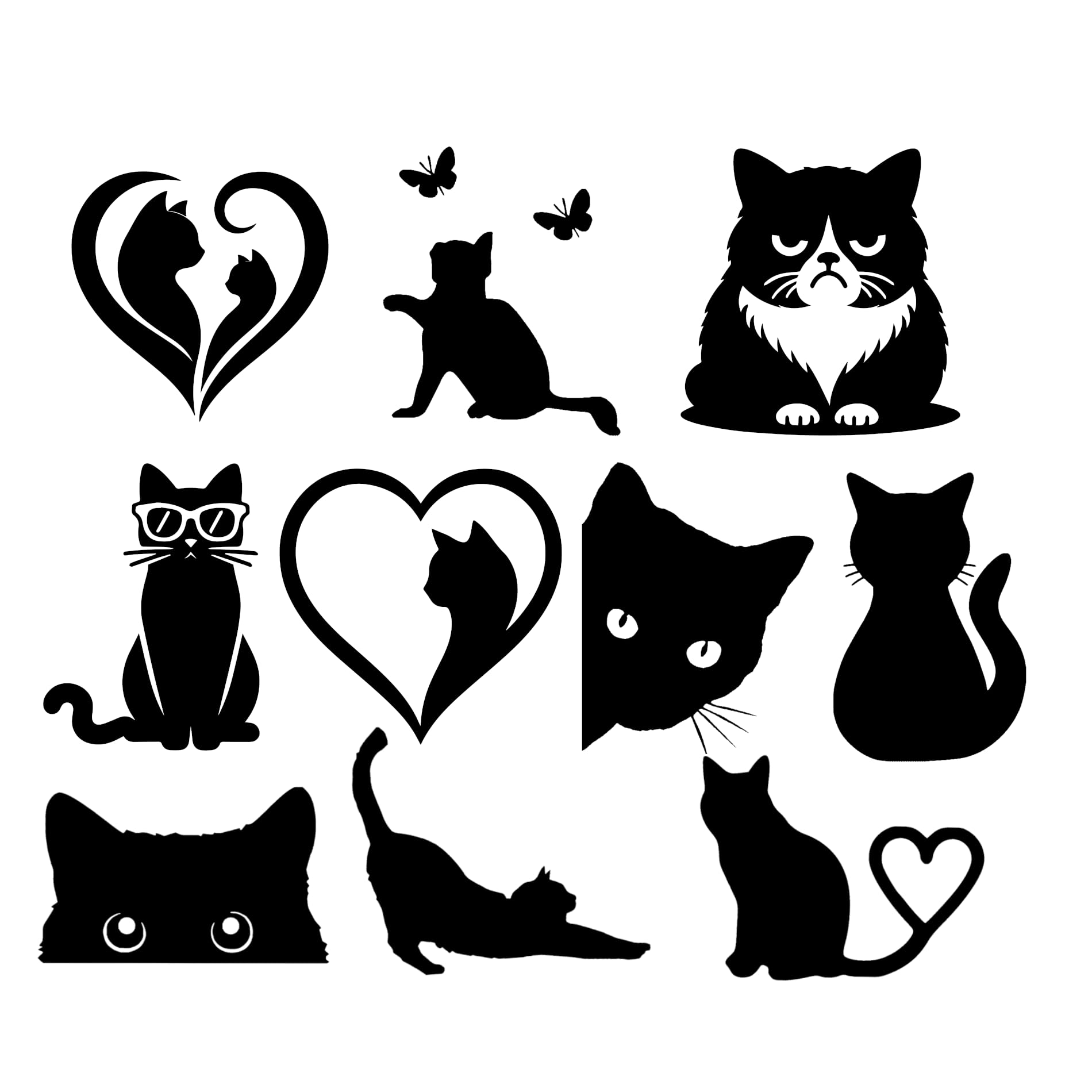 11 Cat Feline Pet Silhouette Cute Stickers - Waterproof Decals - Scrapbooking, Cars, Water Bottles, Laptops, Fun Gifts (Black, Small Pack (8cm/3.1")) โ image 1
