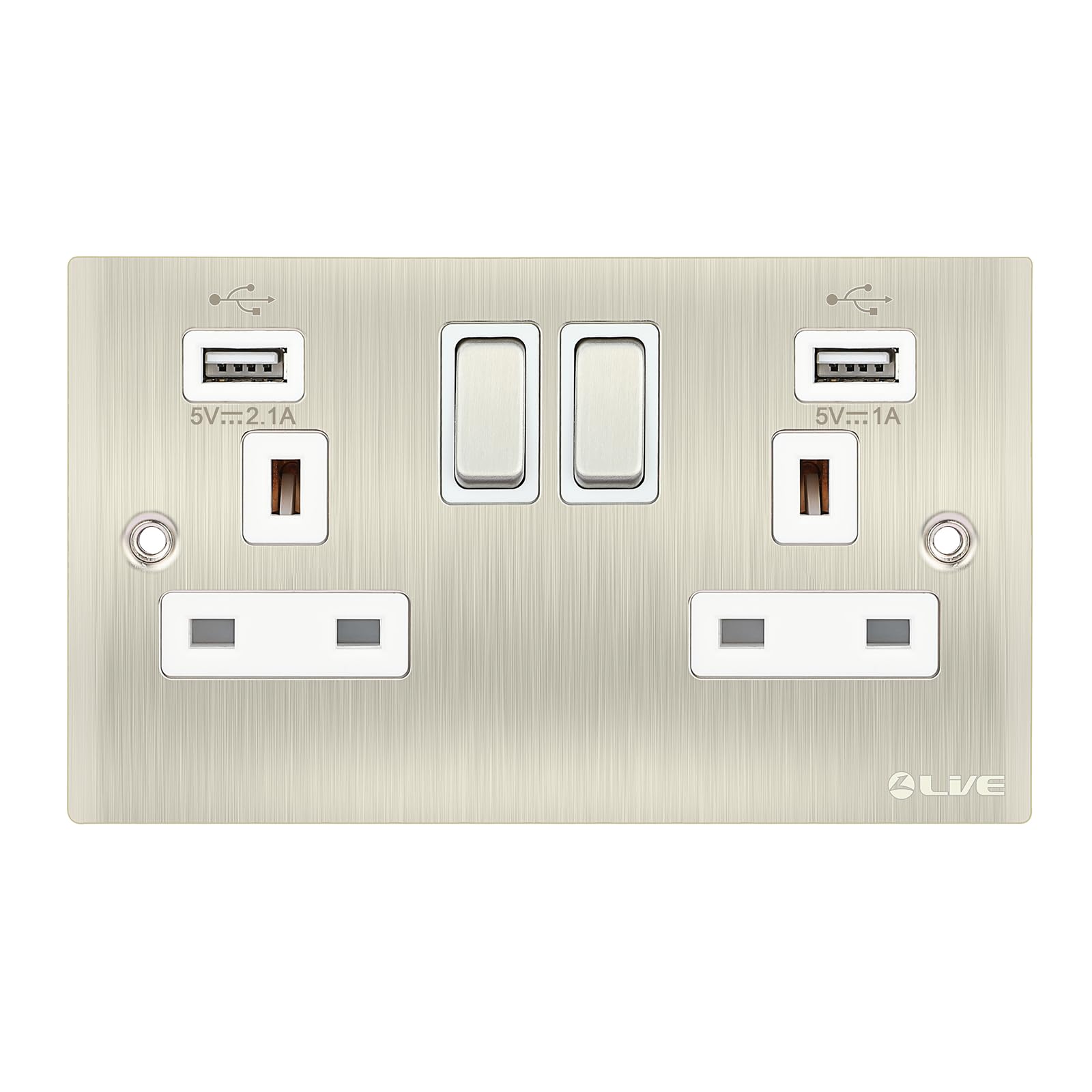 L LVE USB Switched Electric Outlet, Metal Clad 2Gang 13A Wall Socket with 2USB Port,Polished Brass,146mm*86mm