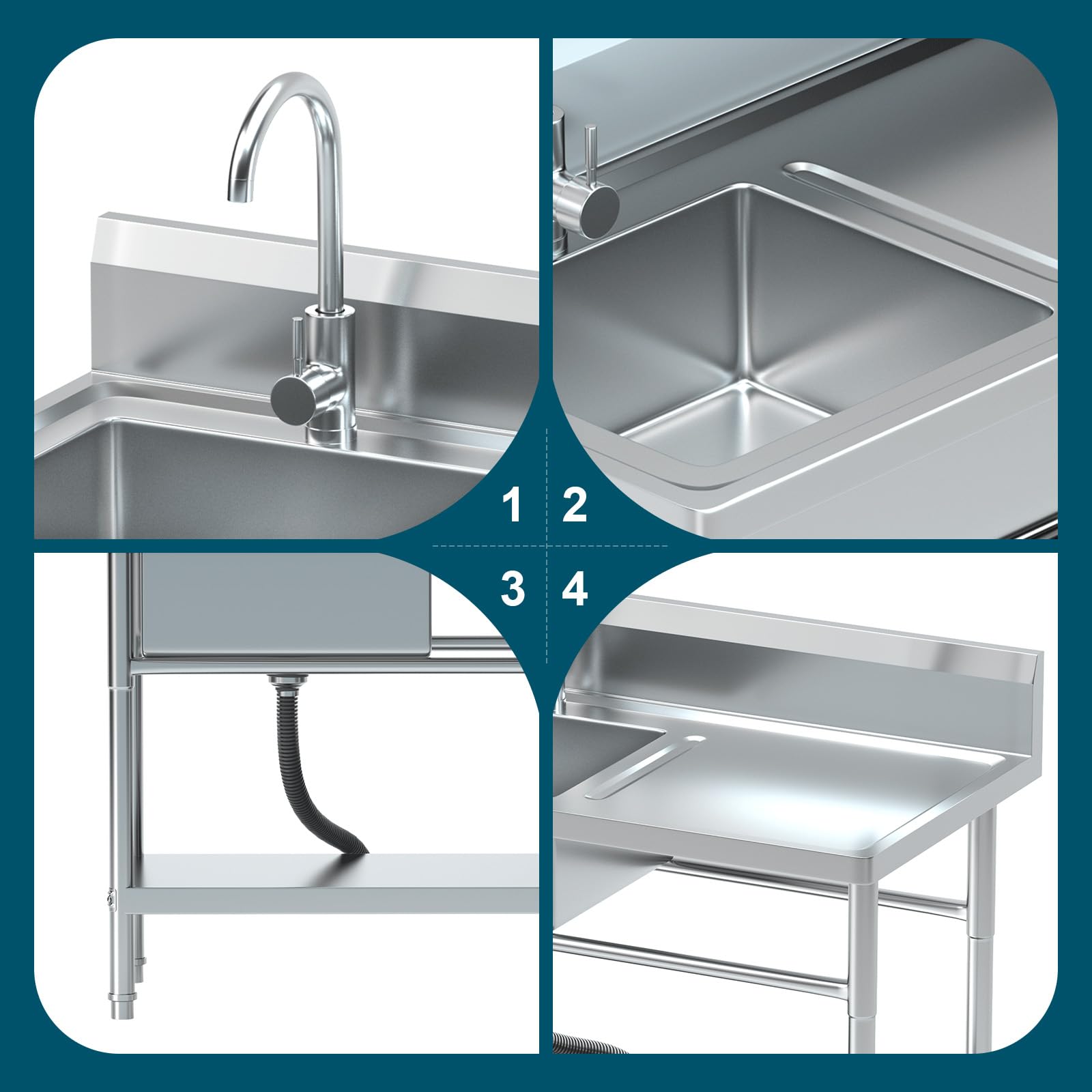 RiveraSink Fregadero Inox Independiente 100×55×80 cm con Encimera, Grifo Giratorio 360°, Cesta Filtro y Cubeta Grande – Altura Ajustable, Fácil de Limpiar – para Cocina, Hostelería y Jardín