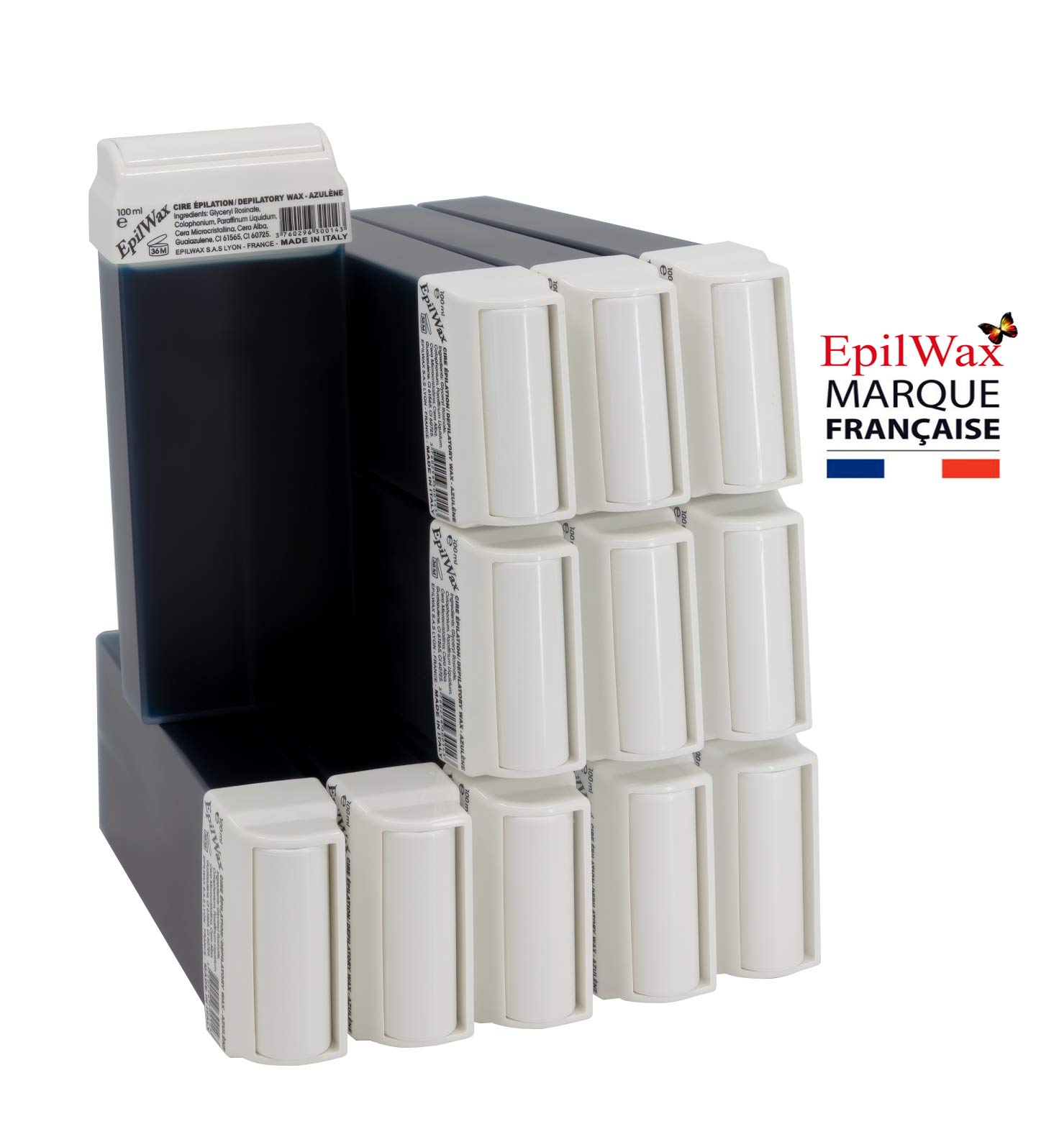 EpilWax Royal Enthaarungsset Komplett mit: Professionellem Wachswärmer,12 Roll-On Wachs 100 ml Azulen, 100 Enthaarungsstreifen, 1 Flasche mit 250ml Öl nach der Enthaarung (Royal Serie Azulen 12)