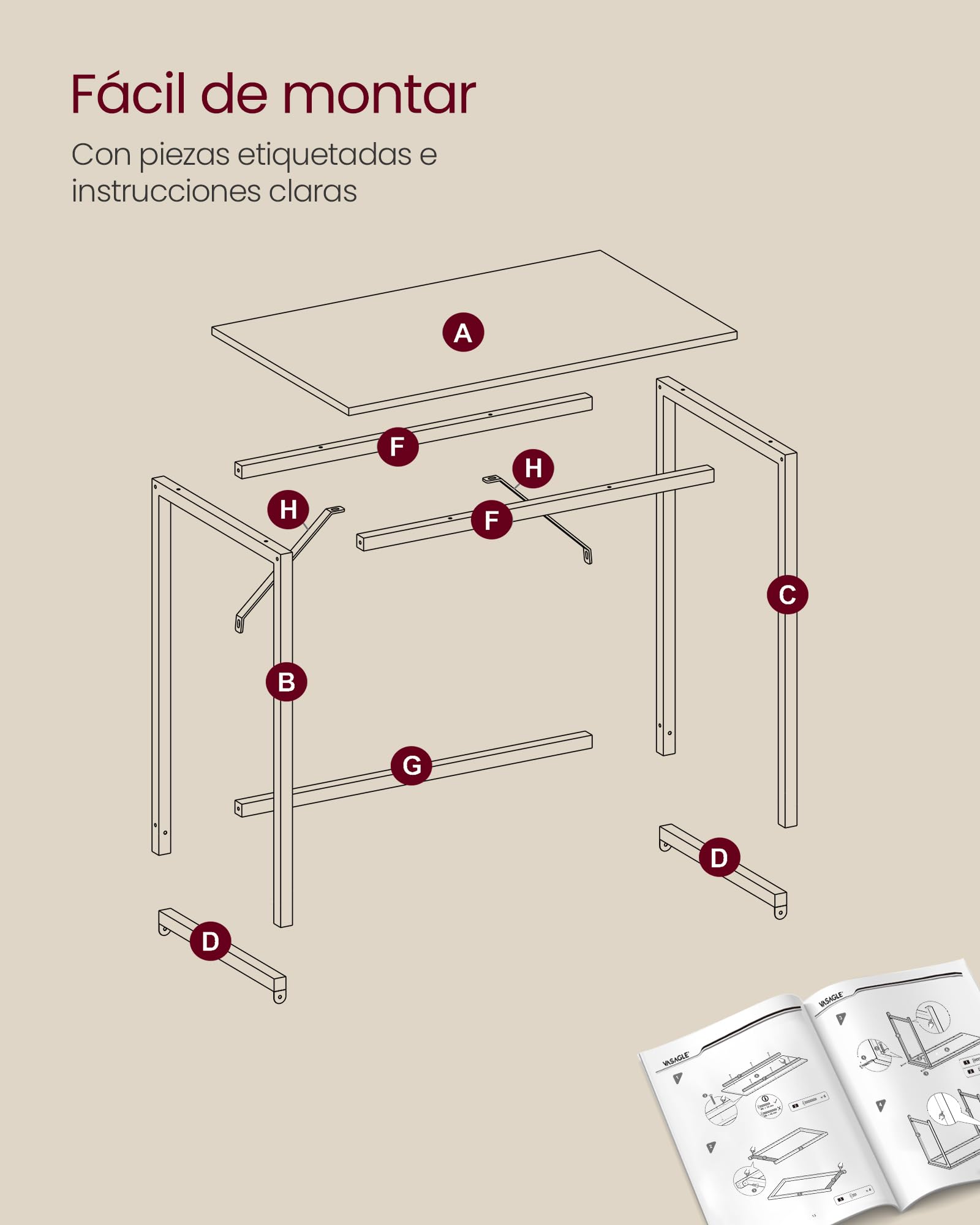 VASAGLE Escritorio, Mesa Oficina Pequeña y Estación Trabajo, Mesa para Teletrabajo, Estudio, Dormitorio, 60 x 120 x 76 cm, Estilo Moderno, Estructura Metal, Roble Natural y Blanco Perla LWD039W70