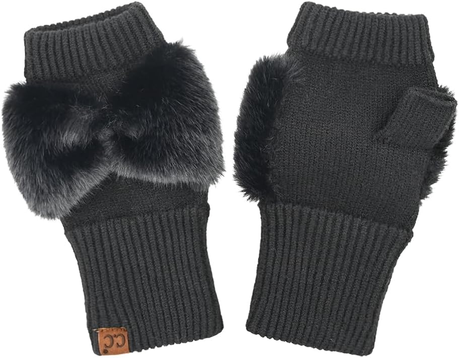 C.C Fingerless Gloves for Women – Fuzzy Lined Knit Wrist Warmers, Ribbed Smocking Stitch, Soft Acrylic (FLG-25)