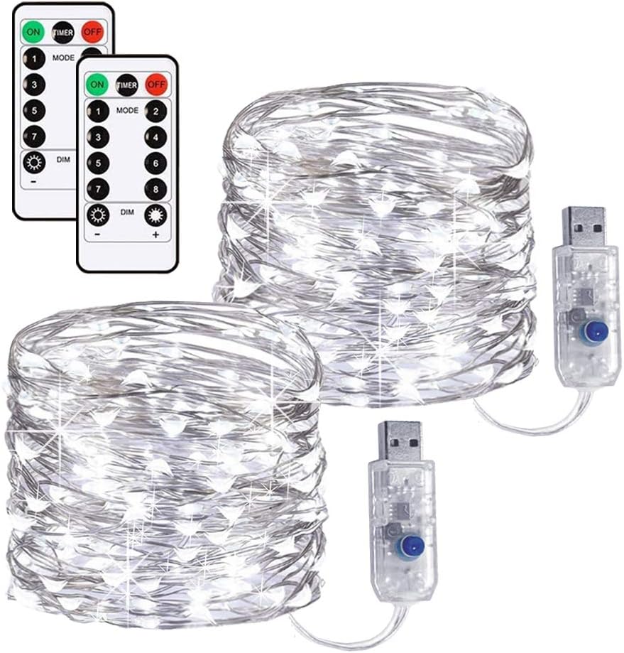 LED String Lights USB,20m/200LEDs 2 Set Fairy Lights USB Plug in Powered with Remote Timer, 8 Modes Outdoor/Indoor Copper Wire Lights for Bedroom Home Wedding Party Christmas Holiday Decoration(White)