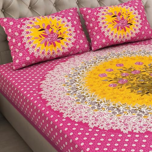Image of JAIPUR PRINTS 100% Cotton Bedsheet for Double Size Bed bedsheets Rajasthani Jaipuri Printed Double Size Bedsheet with 2 Pillow Cover / 90x100 inch / 235x215 cm / (Pink)