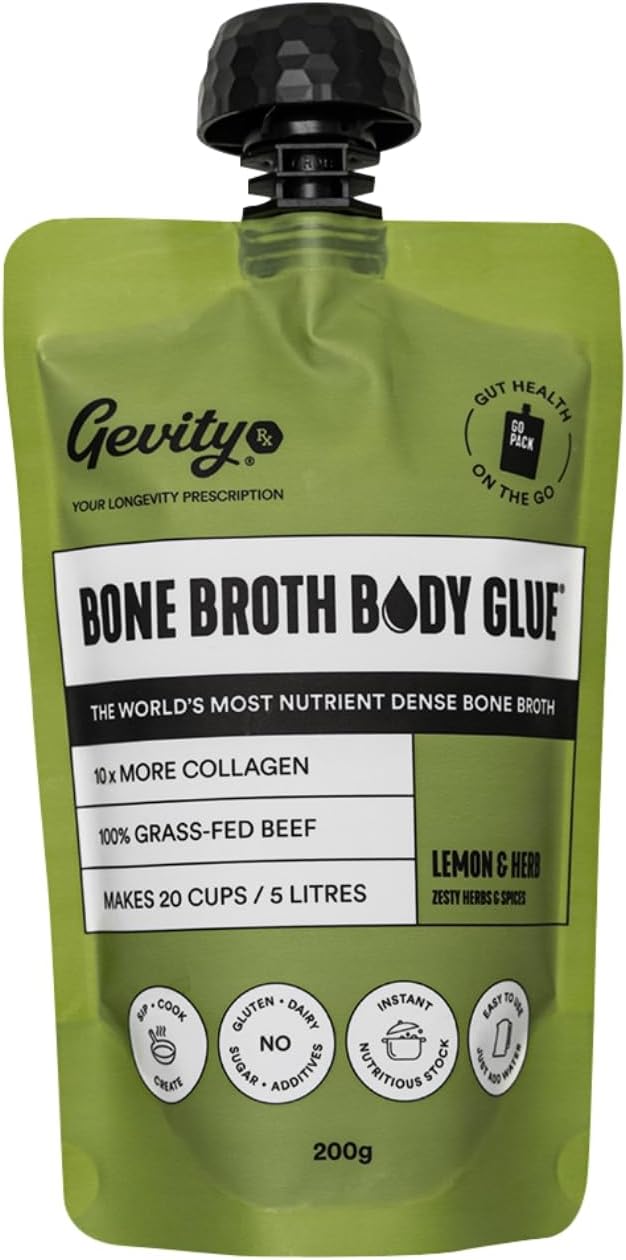 Gevity Rx Bone Broth Body Glue- LEMON & HERB, Go Pouch, Bone Broth Concentrate, 10x more collagen*, The Most Nutrient Dense, Sip-Cook- Create, 100% Grass Fed Beef, 20 servings|5 Litres, 7.05 Ounce