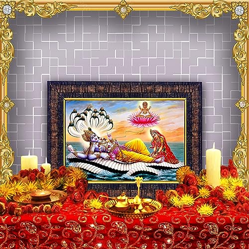 Image of Hawai Vishnu Bhagwan and Maa Lakshmi Photo with Engineered Wood Wall Hanging Home Decor Religious Rectangular Photo Frame for Worship, Pooja Room, Home Office, 8.5X7 inch, BLKFRM451