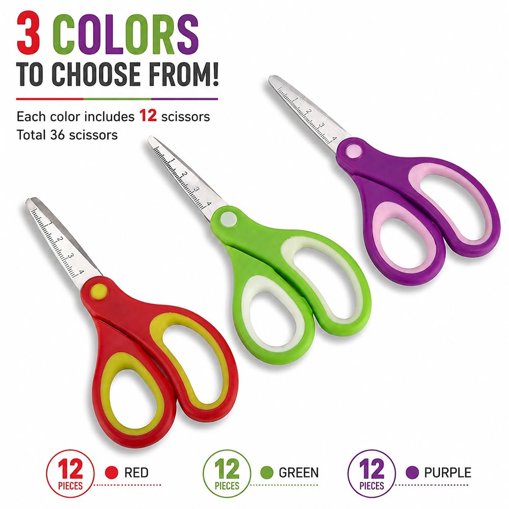 US-GD-016-D Kinderschere, 36 Stück, 14 cm - 14 cm, weiche Haptik, für Schüler, Studenten, Scheren 5.5-inch, Rounded-Tip, Pack of 36 DREI Farben (grün + lila + rot)