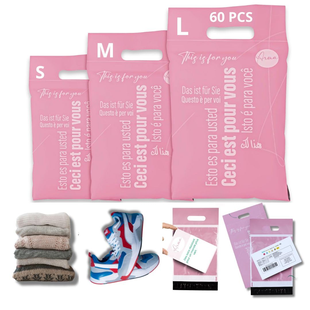 ARMA - Pack de 60 Pochettes d'Expédition Opaques et Auto-Adhésives avec Pochette de Bordereau - Résistantes pour Vêtements, Chaussures, Livres - Idéales pour Vinted et E-commerce