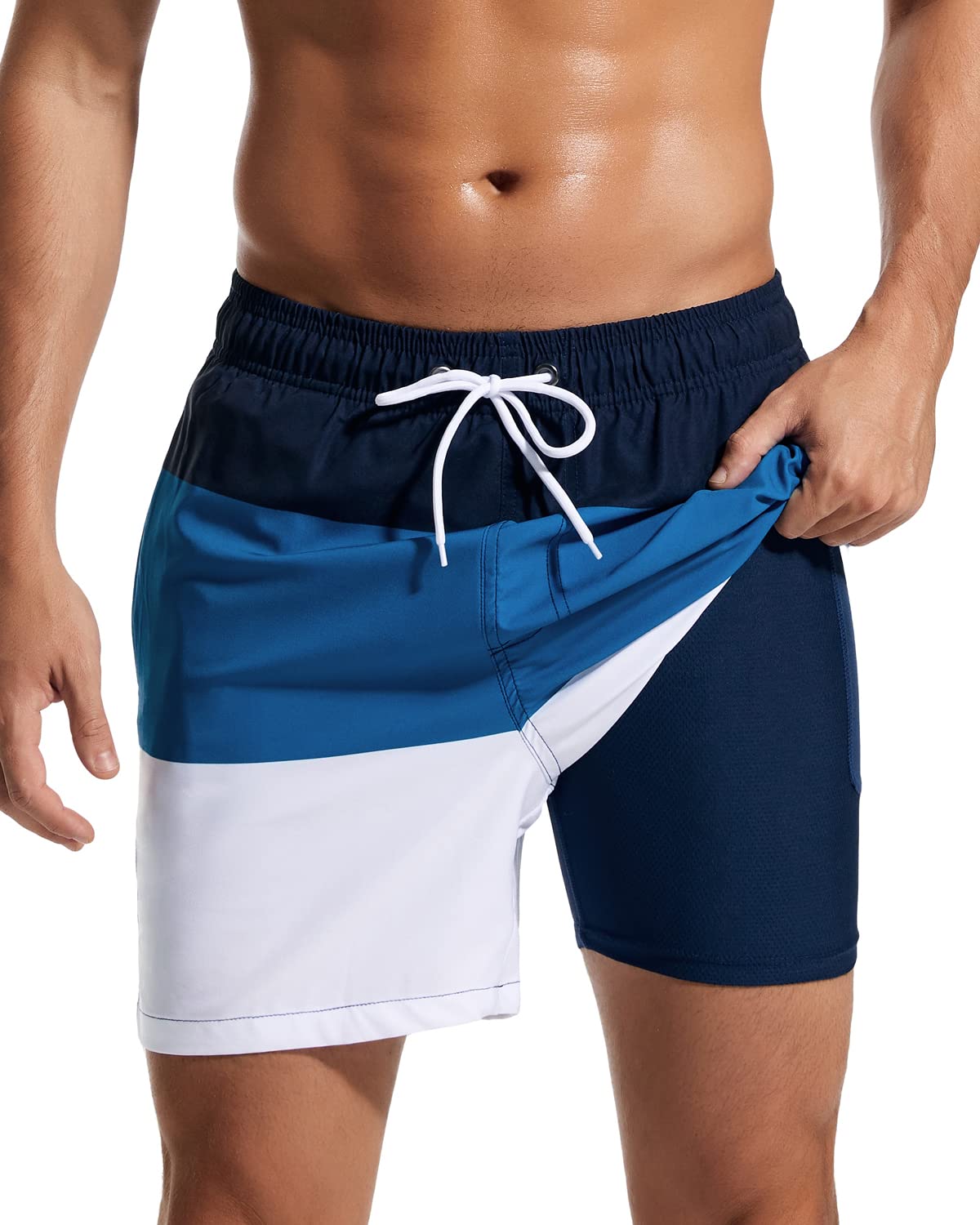SILKWORLD Mens Swimming Trunks with Compression Liner and Zipper Pockets