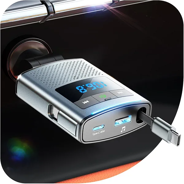 JOYROOM Bluetooth 5.4 Car Adapter FM Transmitter for iPhone 17, Retractable Car Charger 90W PD & QC 3.0 Fast Charging USB C Cigarette Lighter Adapter, Hands-Free Calling, USB Drive