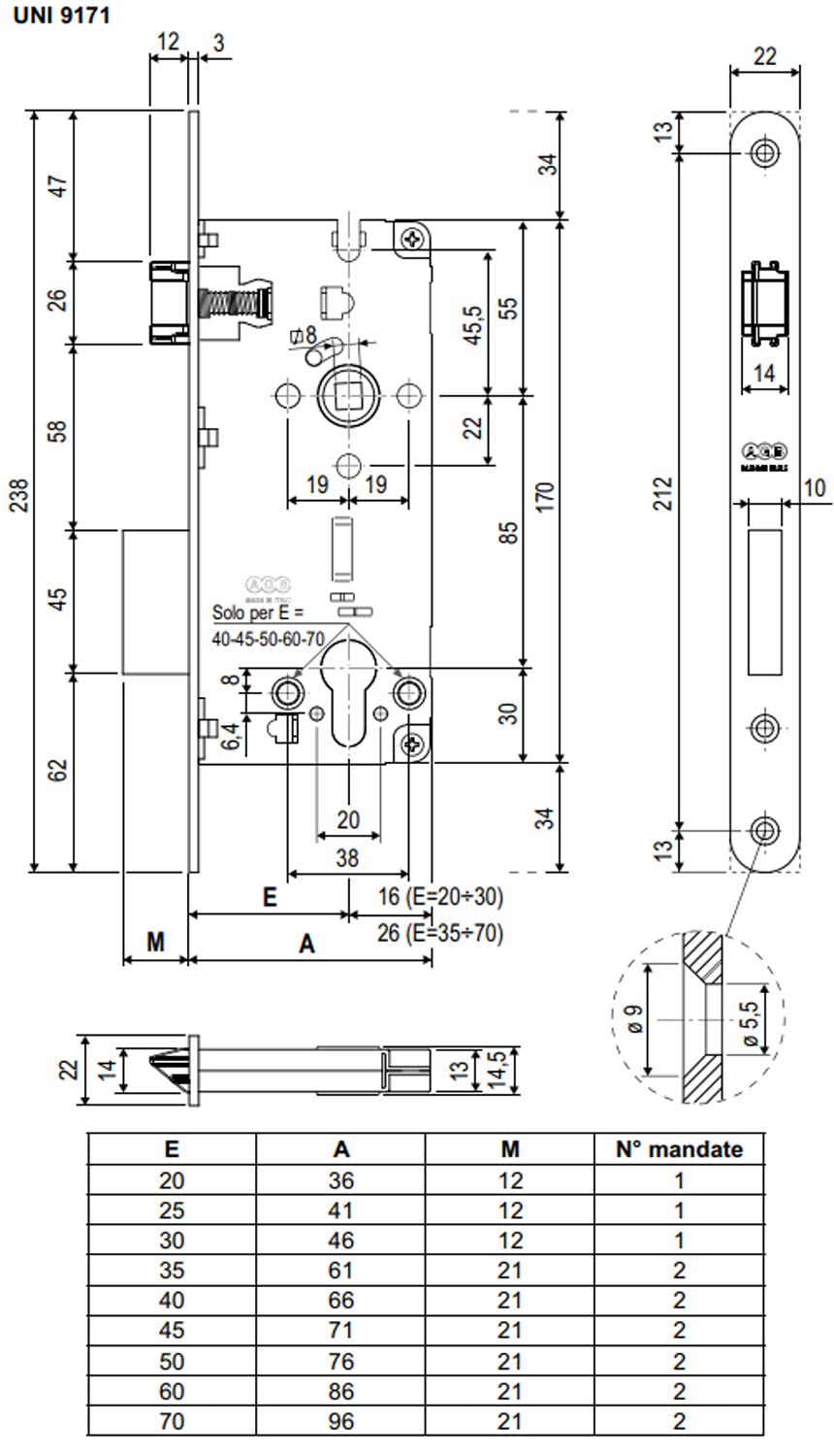 Agb Serratura di Sicurezza Yale Bordo Tondo Frontale 22 mm Entrata 50 Cromo Satinato