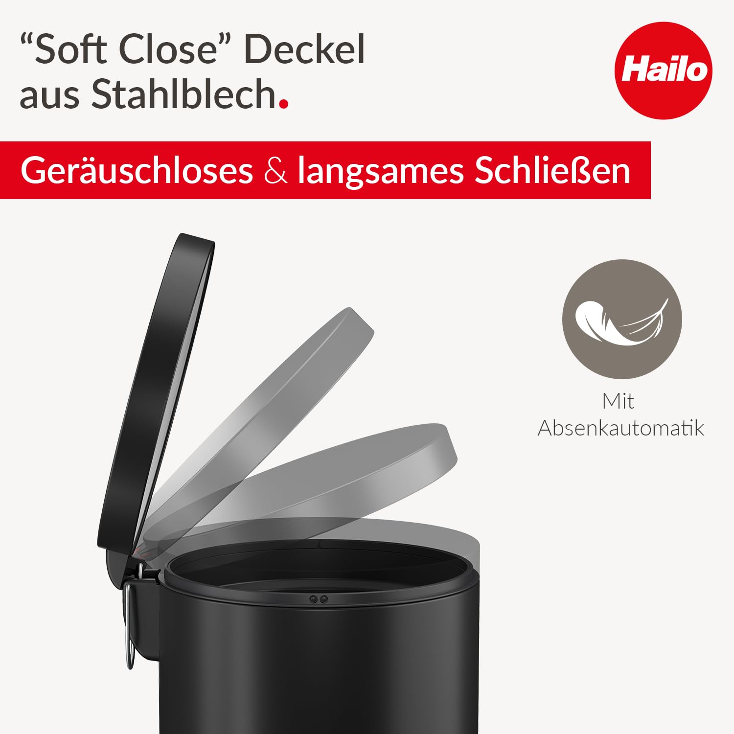 Hailo Selekta by Cubo de basura con pedal redondo con tapa de cierre suave, capacidad de 20 l, cubo interior extraíble, chapa de acero, para baño y cocina, con pedal de diseño, color negro