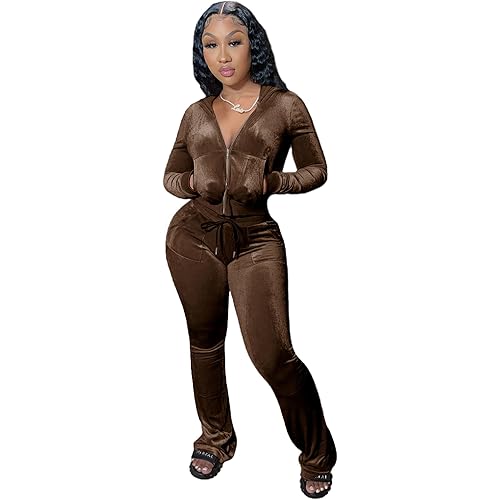 yidengymx Womens 2 Piece Velour Tracksuit Two Piece Outfits for Women Long Sleeve Zip Up Crop Tops Sweatpants Sets Pockets