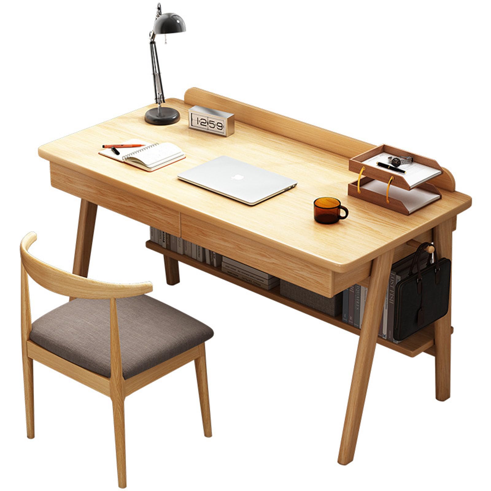 Wdsopk Wood Color Modern Natural Wood Desk With Drawers & Shelves, Home Office Writing Workstation, Simple Study Computer Table For Efficient Workspace（-100Cm）