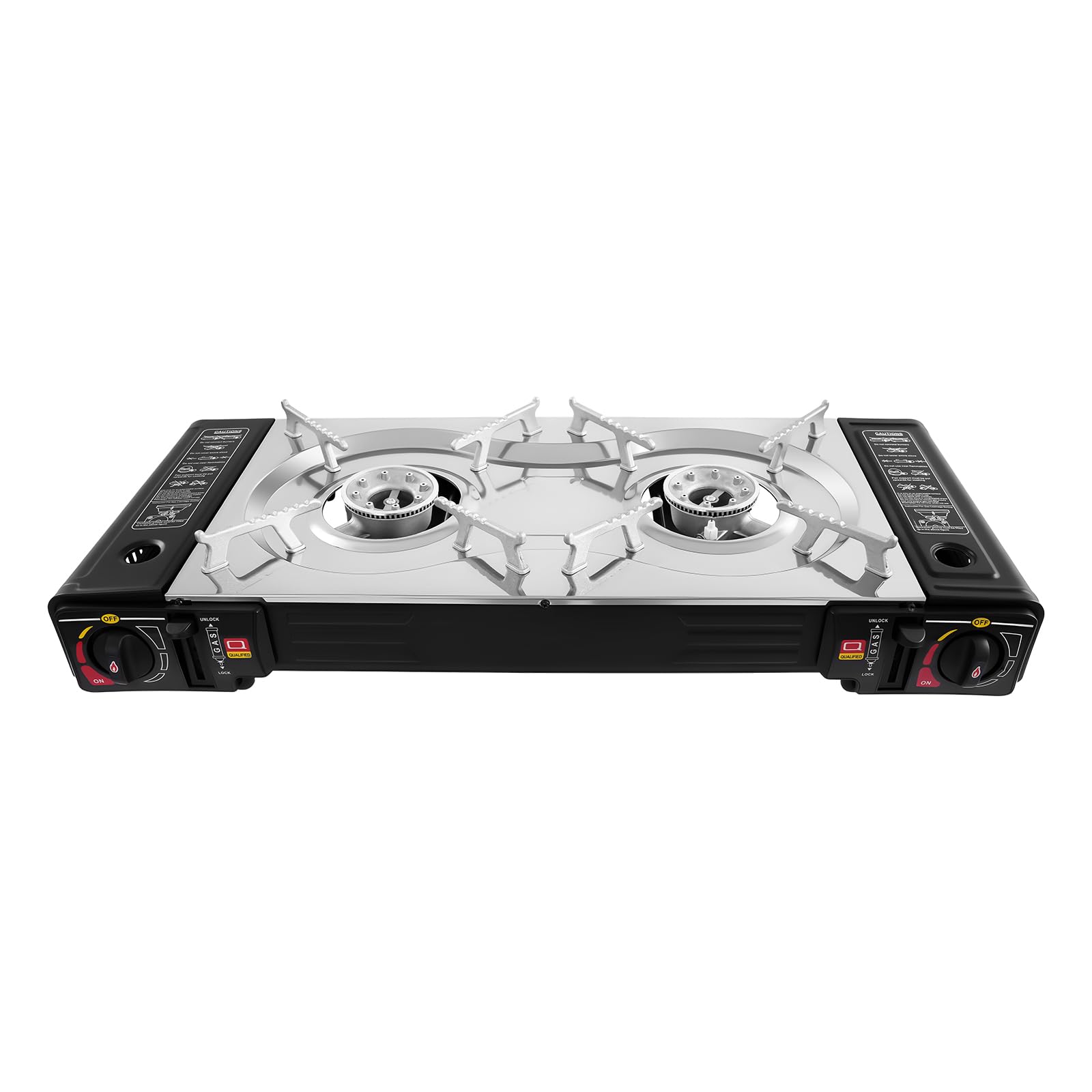 Fornello a gas a 2 luci, con accensione piezoelettrica, 2 in 1, set per barbecue a gas da campeggio, a 2 luci, con piastra grill, valvola di protezione da sovrapressione, fornello da campeggio per