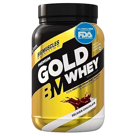 Bigmuscles Nutrition Premium Gold Whey 1Kg | Isolate Whey Protein Blend [Belgian Chocolate] | USA FDA REGD. BRAND | 25g Protein Per Serving | 5.5g BCAA